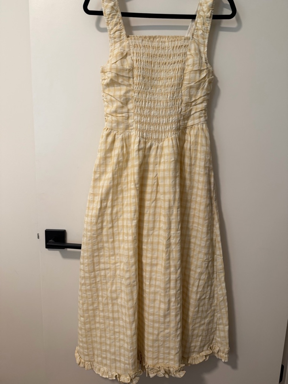 Smocked Yellow Gingham Midi Dress with Ruffle Hem
